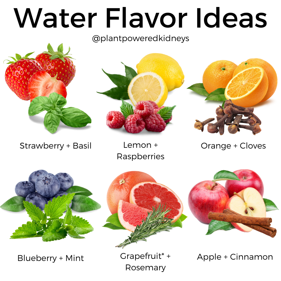 Water flavor ideas:
Strawberry + basil
Lemon + raspberries
Orange + cloves
Blueberry + mint
Grapefruit + rosemary
Apple + cinnamon